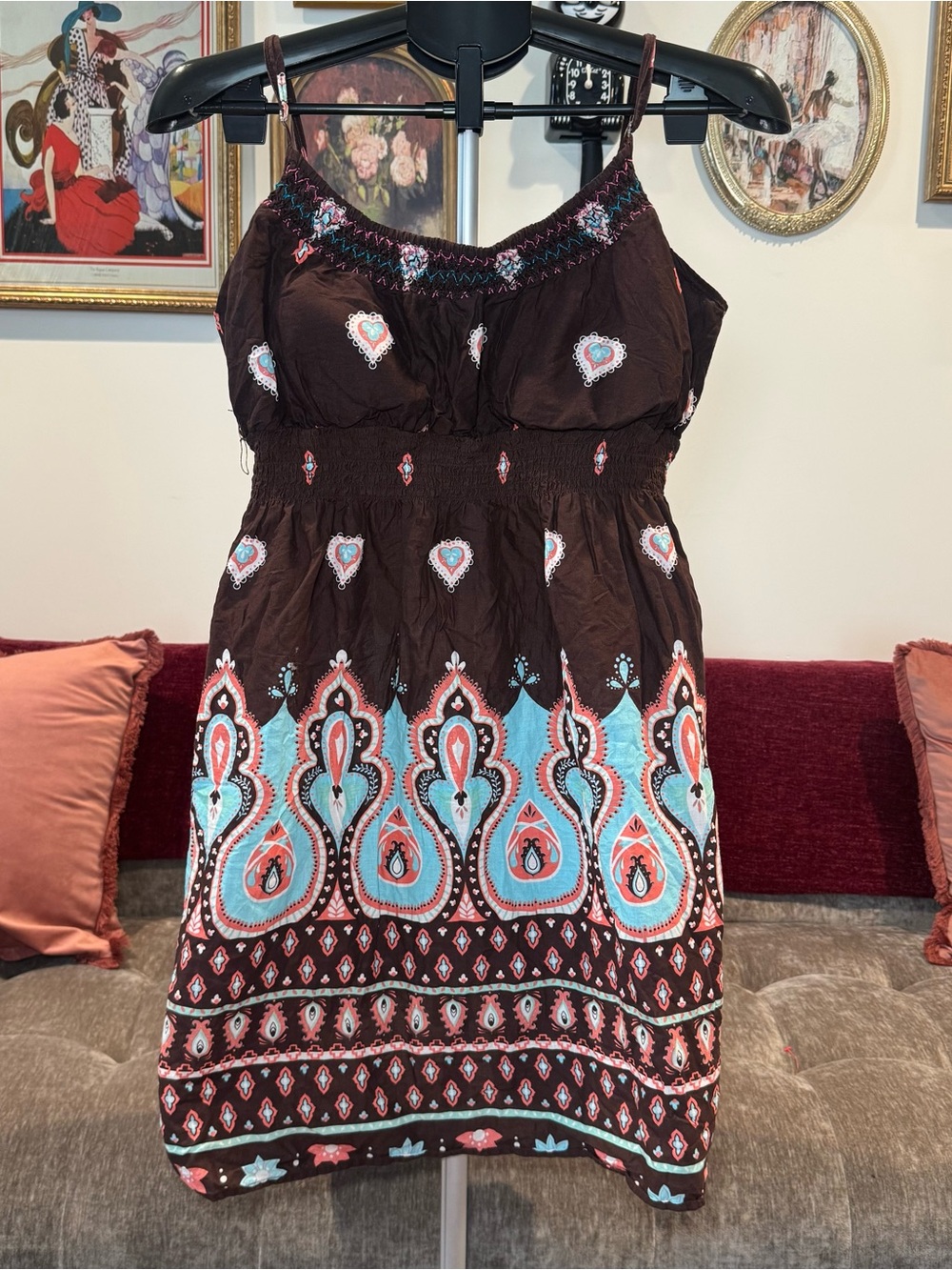 Brown Boho Tank Top with Teal & Coral Pattern